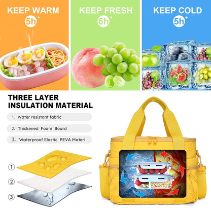Women's Nylon Lunch Cooler Cute Quilted Lunch Bag Large Leakproof Insulated Lunch Tote Bag for Work Picnic Travel, Earth-yellow