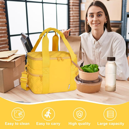 Women's Nylon Lunch Cooler Cute Quilted Lunch Bag Large Leakproof Insulated Lunch Tote Bag for Work Picnic Travel, Earth-yellow