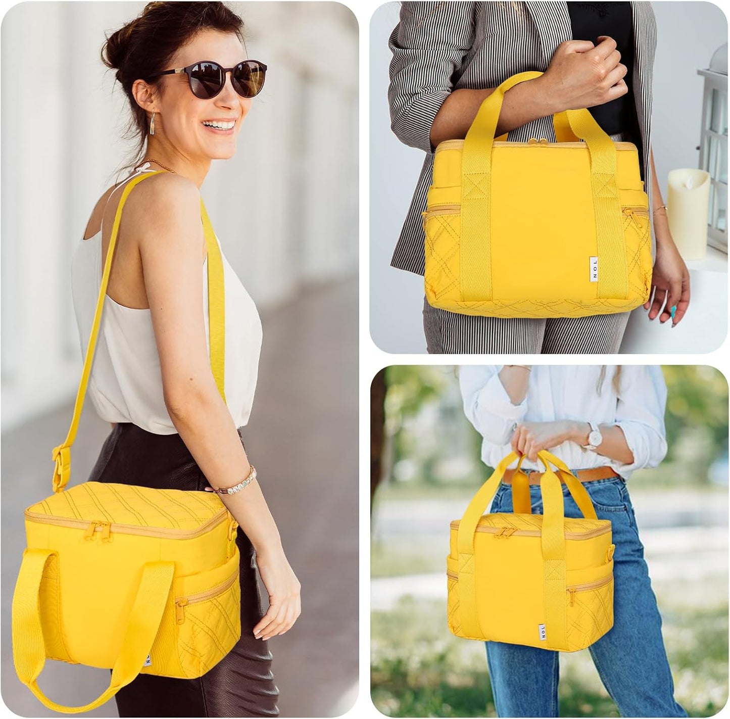 Women's Nylon Lunch Cooler Cute Quilted Lunch Bag Large Leakproof Insulated Lunch Tote Bag for Work Picnic Travel, Earth-yellow