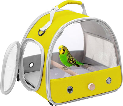 Bird Carrier, Portable Small Bird Parrot Parakeet Carrier with Standing Perch and Stainless Steel Tray, Side Access Window Collapsible (Yellow, Clear Windows)