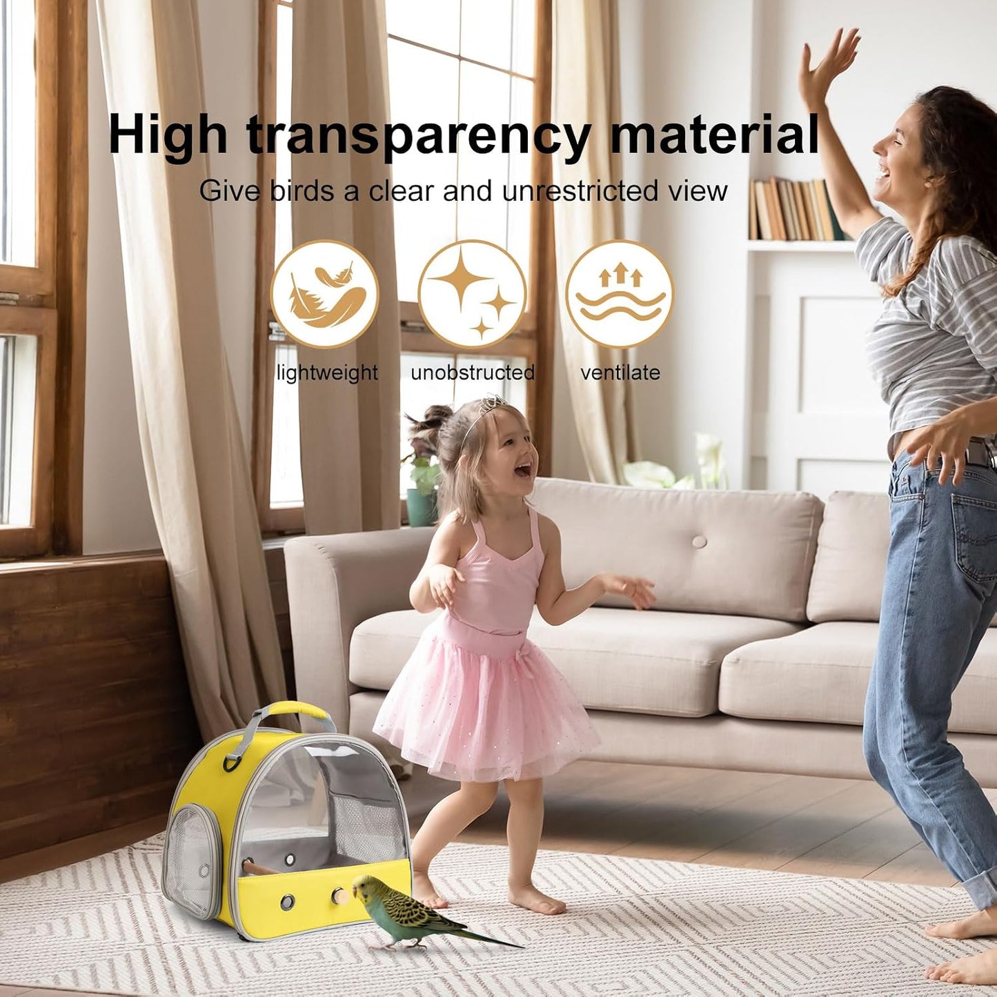 Bird Carrier, Portable Small Bird Parrot Parakeet Carrier with Standing Perch and Stainless Steel Tray, Side Access Window Collapsible (Yellow, Clear Windows)