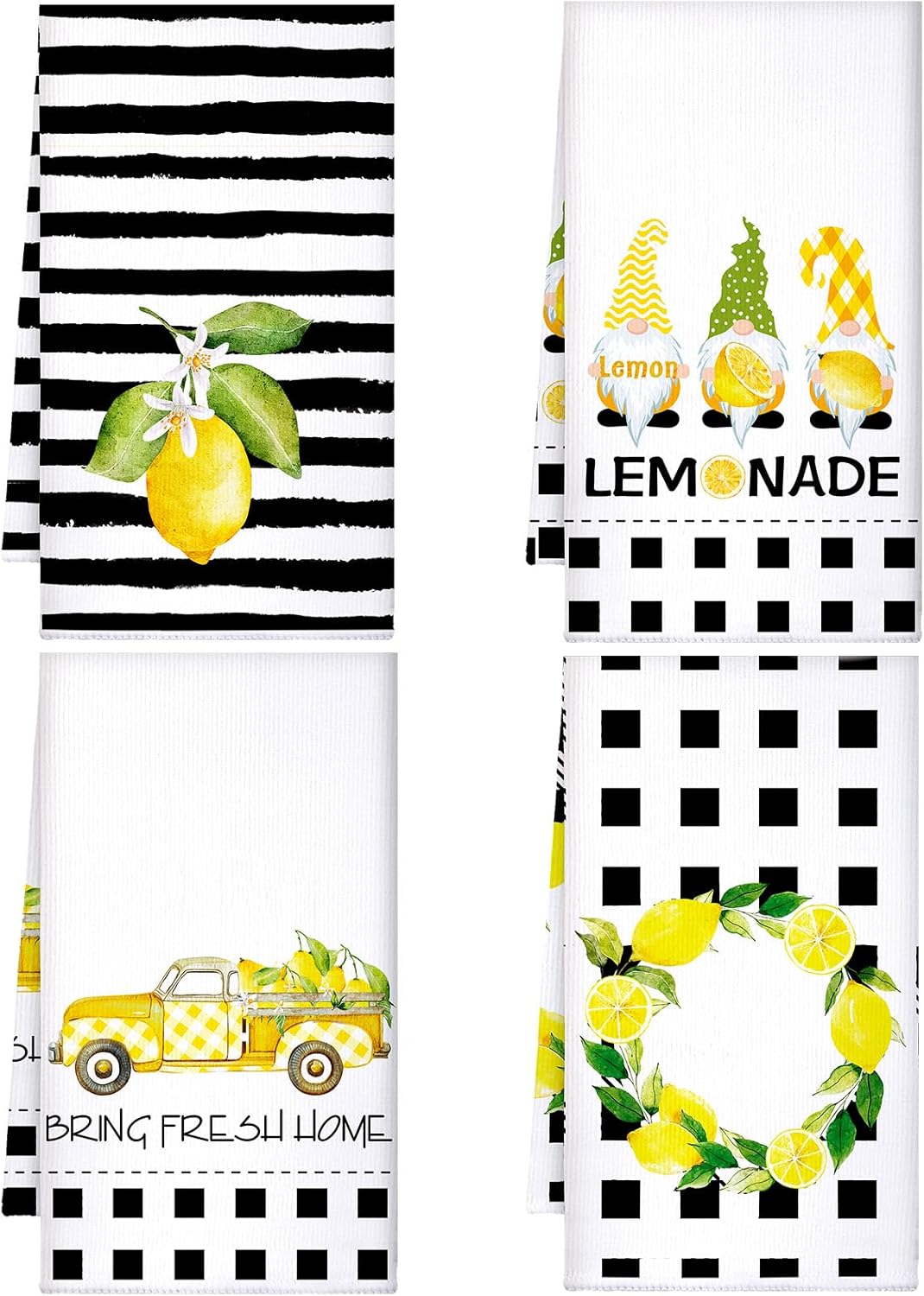 4 Pcs Lemon Kitchen Towels, Absorbent Quick Dry Dish Towels with Hanging Loop, Lemonade Gnome Black White Striped Decorative Tea Dishcloths, Farmhouse Summer Kitchen Decor Housewarming Gift