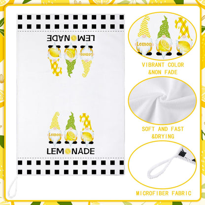4 Pcs Lemon Kitchen Towels, Absorbent Quick Dry Dish Towels with Hanging Loop, Lemonade Gnome Black White Striped Decorative Tea Dishcloths, Farmhouse Summer Kitchen Decor Housewarming Gift