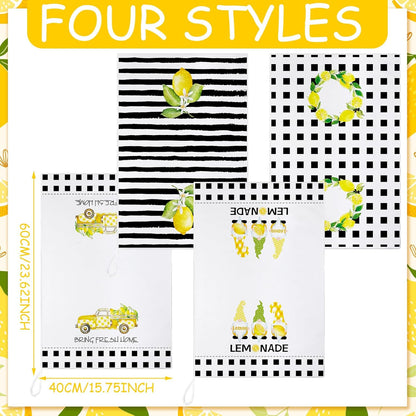 4 Pcs Lemon Kitchen Towels, Absorbent Quick Dry Dish Towels with Hanging Loop, Lemonade Gnome Black White Striped Decorative Tea Dishcloths, Farmhouse Summer Kitchen Decor Housewarming Gift