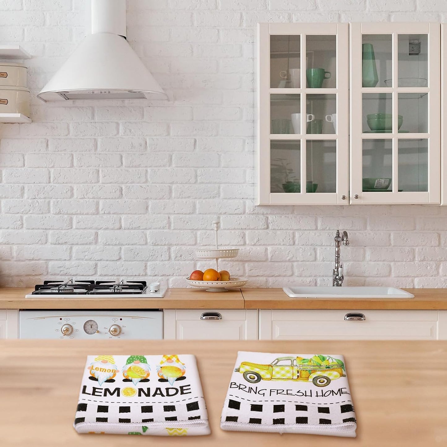 4 Pcs Lemon Kitchen Towels, Absorbent Quick Dry Dish Towels with Hanging Loop, Lemonade Gnome Black White Striped Decorative Tea Dishcloths, Farmhouse Summer Kitchen Decor Housewarming Gift