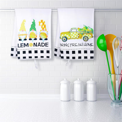 4 Pcs Lemon Kitchen Towels, Absorbent Quick Dry Dish Towels with Hanging Loop, Lemonade Gnome Black White Striped Decorative Tea Dishcloths, Farmhouse Summer Kitchen Decor Housewarming Gift