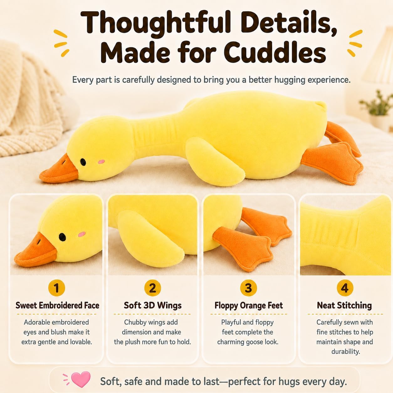 Duck Plush Pillow Stuffed Animal Toy, Cute Giant Goose Plush Duck Stuffed Animal,Super Soft Hugging Pillow for Kids Bedding (Yellow,25.5 in)…