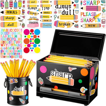 8 Pcs Pencil Dispenser Kit for Classroom Stainless Steel Straw Dispenser for Pencil Metal Pen Holder Organizer Letter Sticker for Desk Back to School Classroom Teacher Supplies(Yellow)