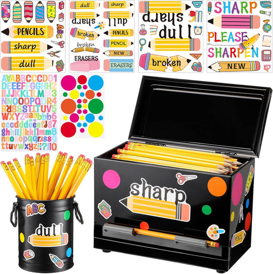 8 Pcs Pencil Dispenser Kit for Classroom Stainless Steel Straw Dispenser for Pencil Metal Pen Holder Organizer Letter Sticker for Desk Back to School Classroom Teacher Supplies(Yellow)