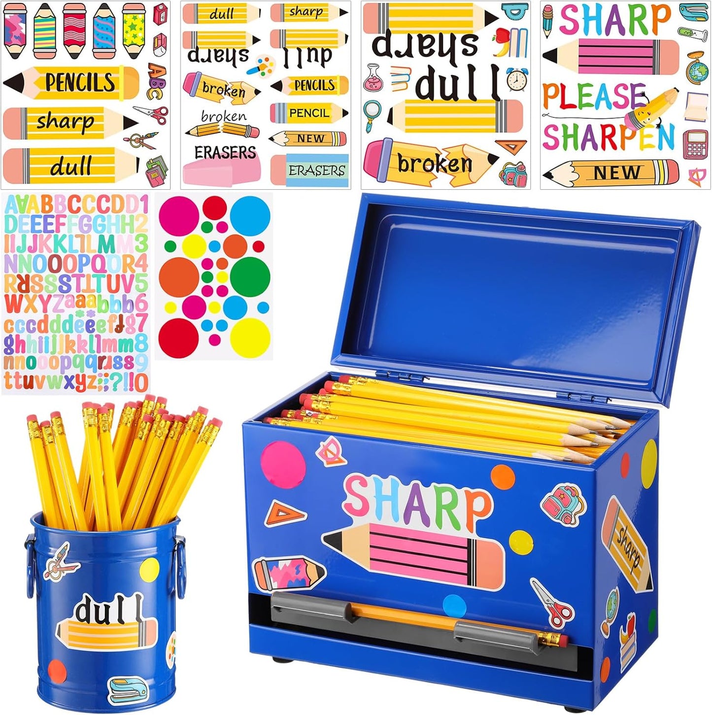 8 Pcs Pencil Dispenser Kit for Classroom Stainless Steel Straw Dispenser for Pencil Metal Pen Holder Organizer Letter Sticker for Desk Back to School Classroom Teacher Supplies(Yellow)