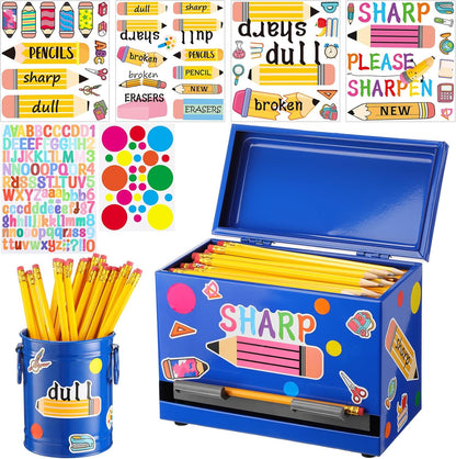 8 Pcs Pencil Dispenser Kit for Classroom Stainless Steel Straw Dispenser for Pencil Metal Pen Holder Organizer Letter Sticker for Desk Back to School Classroom Teacher Supplies(Yellow)
