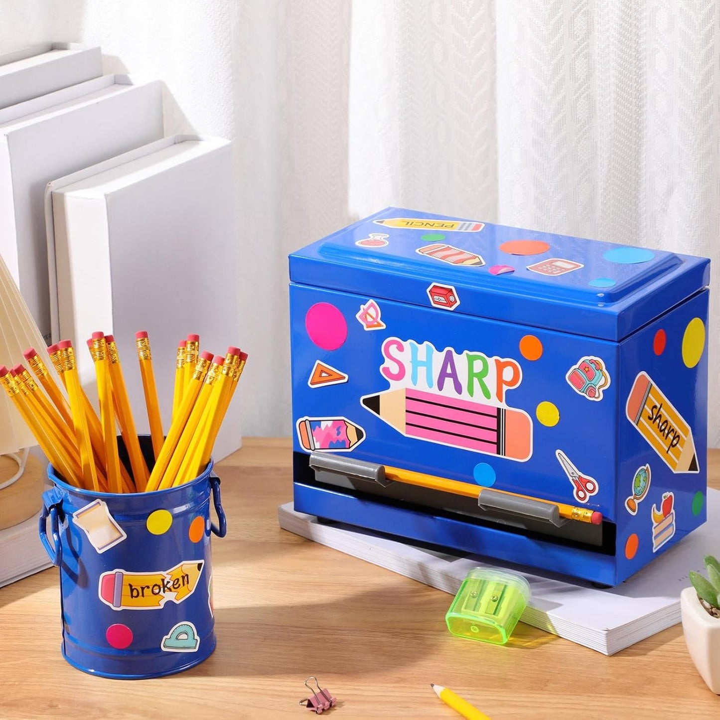 8 Pcs Pencil Dispenser Kit for Classroom Stainless Steel Straw Dispenser for Pencil Metal Pen Holder Organizer Letter Sticker for Desk Back to School Classroom Teacher Supplies(Yellow)