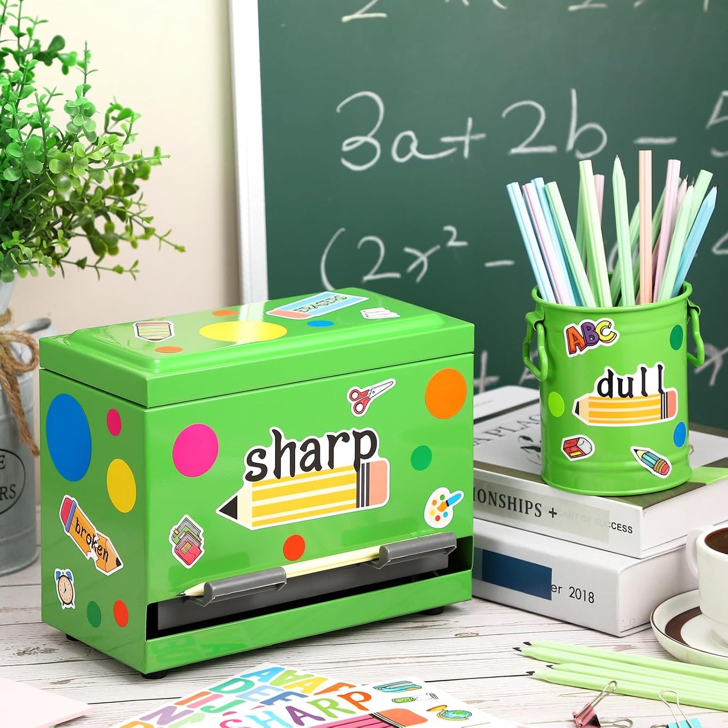 8 Pcs Pencil Dispenser Kit for Classroom Stainless Steel Straw Dispenser for Pencil Metal Pen Holder Organizer Letter Sticker for Desk Back to School Classroom Teacher Supplies(Yellow)