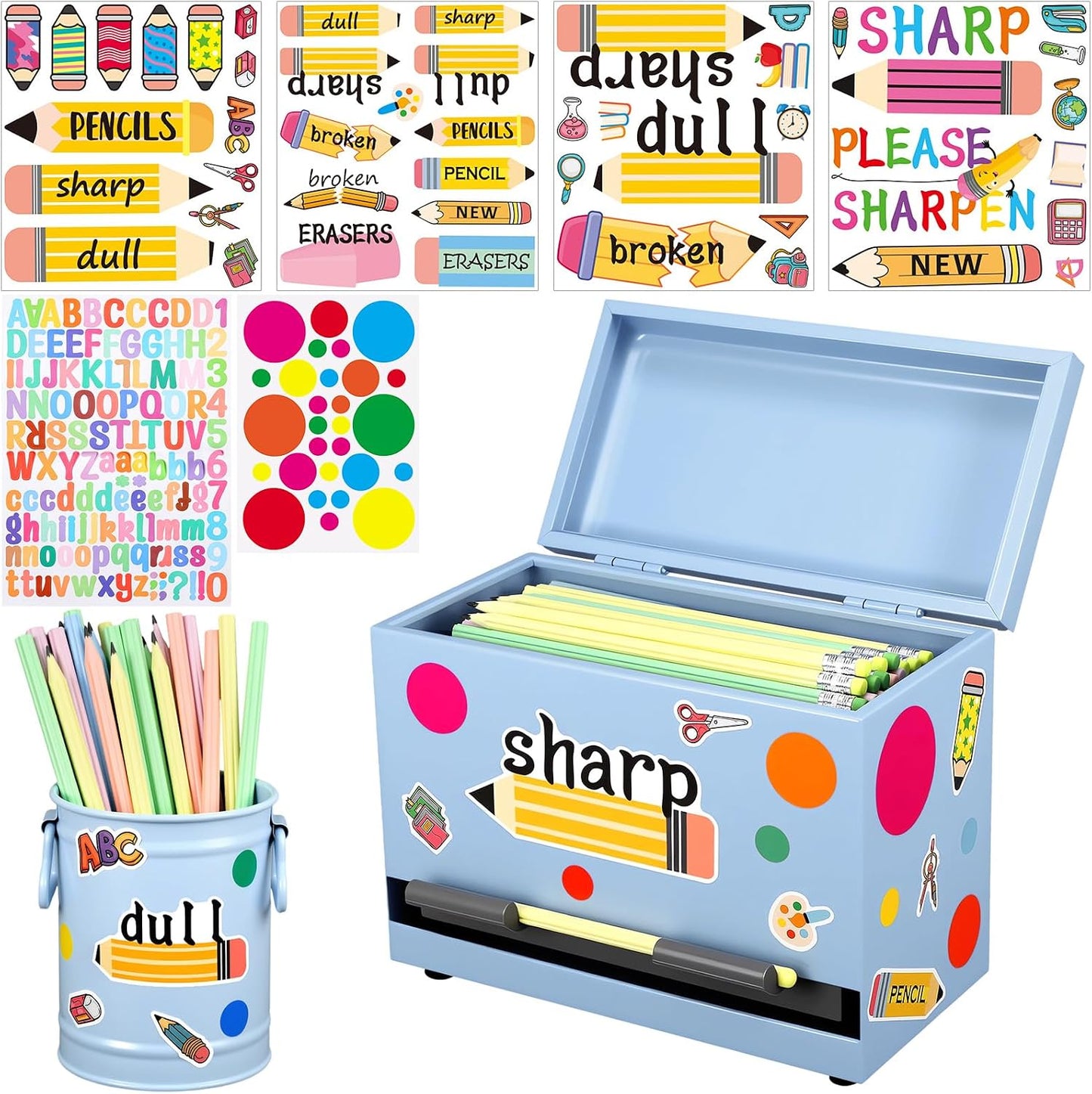 8 Pcs Pencil Dispenser Kit for Classroom Stainless Steel Straw Dispenser for Pencil Metal Pen Holder Organizer Letter Sticker for Desk Back to School Classroom Teacher Supplies(Yellow)