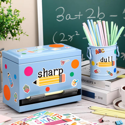 8 Pcs Pencil Dispenser Kit for Classroom Stainless Steel Straw Dispenser for Pencil Metal Pen Holder Organizer Letter Sticker for Desk Back to School Classroom Teacher Supplies(Yellow)