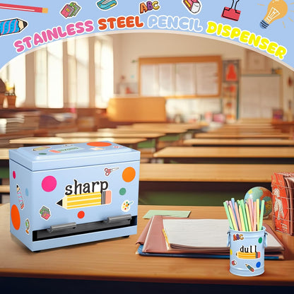 8 Pcs Pencil Dispenser Kit for Classroom Stainless Steel Straw Dispenser for Pencil Metal Pen Holder Organizer Letter Sticker for Desk Back to School Classroom Teacher Supplies(Yellow)