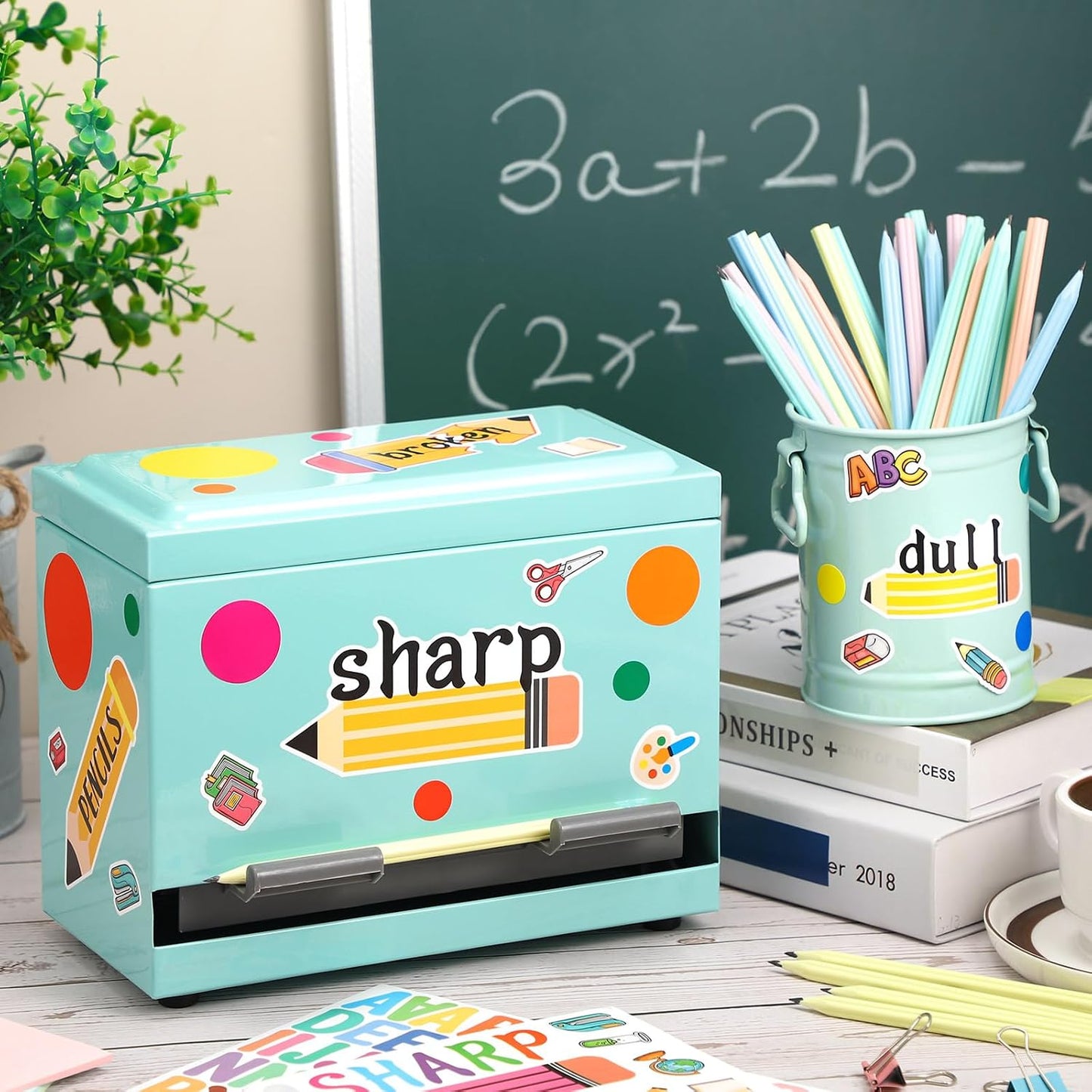 8 Pcs Pencil Dispenser Kit for Classroom Stainless Steel Straw Dispenser for Pencil Metal Pen Holder Organizer Letter Sticker for Desk Back to School Classroom Teacher Supplies(Yellow)