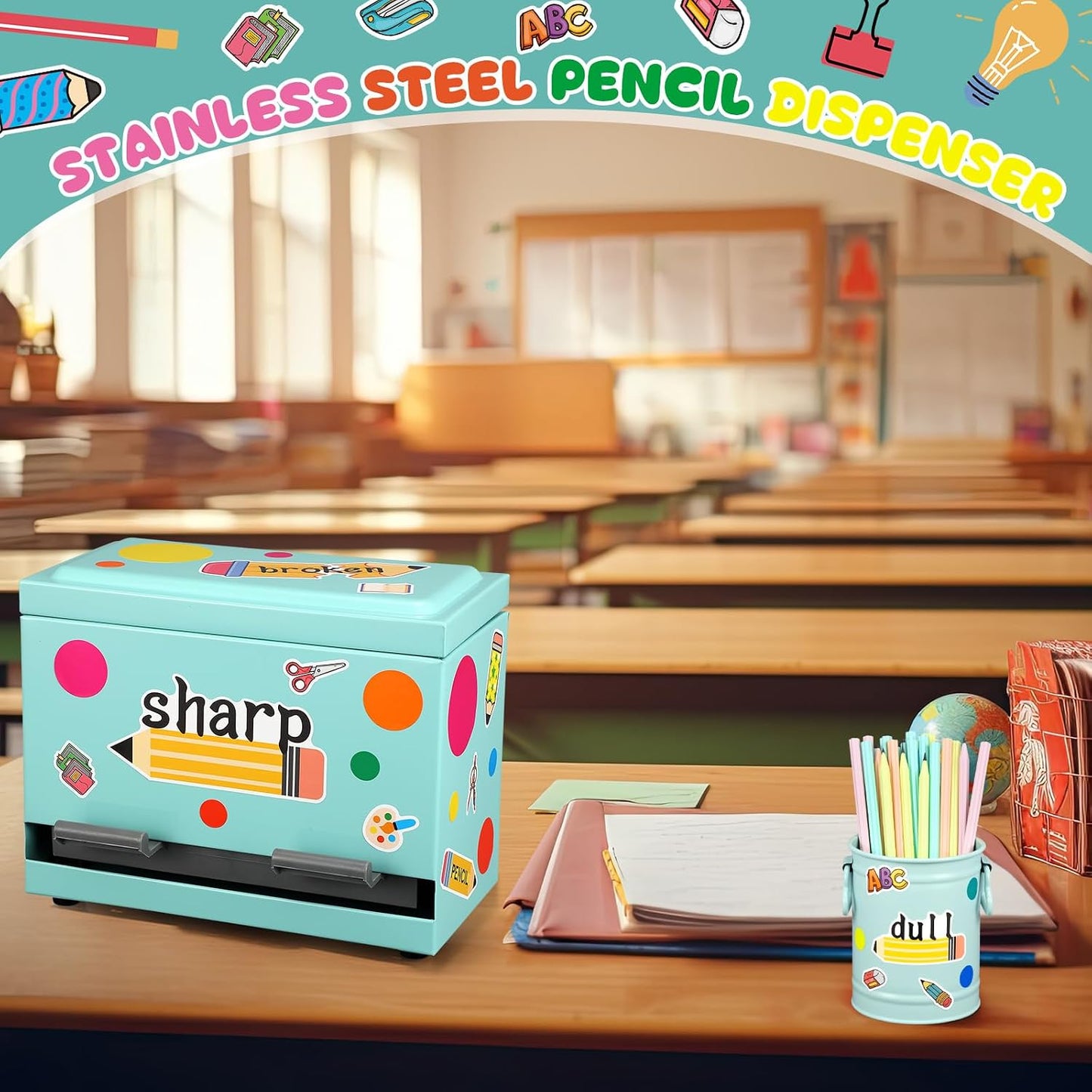 8 Pcs Pencil Dispenser Kit for Classroom Stainless Steel Straw Dispenser for Pencil Metal Pen Holder Organizer Letter Sticker for Desk Back to School Classroom Teacher Supplies(Yellow)