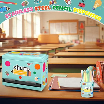 8 Pcs Pencil Dispenser Kit for Classroom Stainless Steel Straw Dispenser for Pencil Metal Pen Holder Organizer Letter Sticker for Desk Back to School Classroom Teacher Supplies(Yellow)