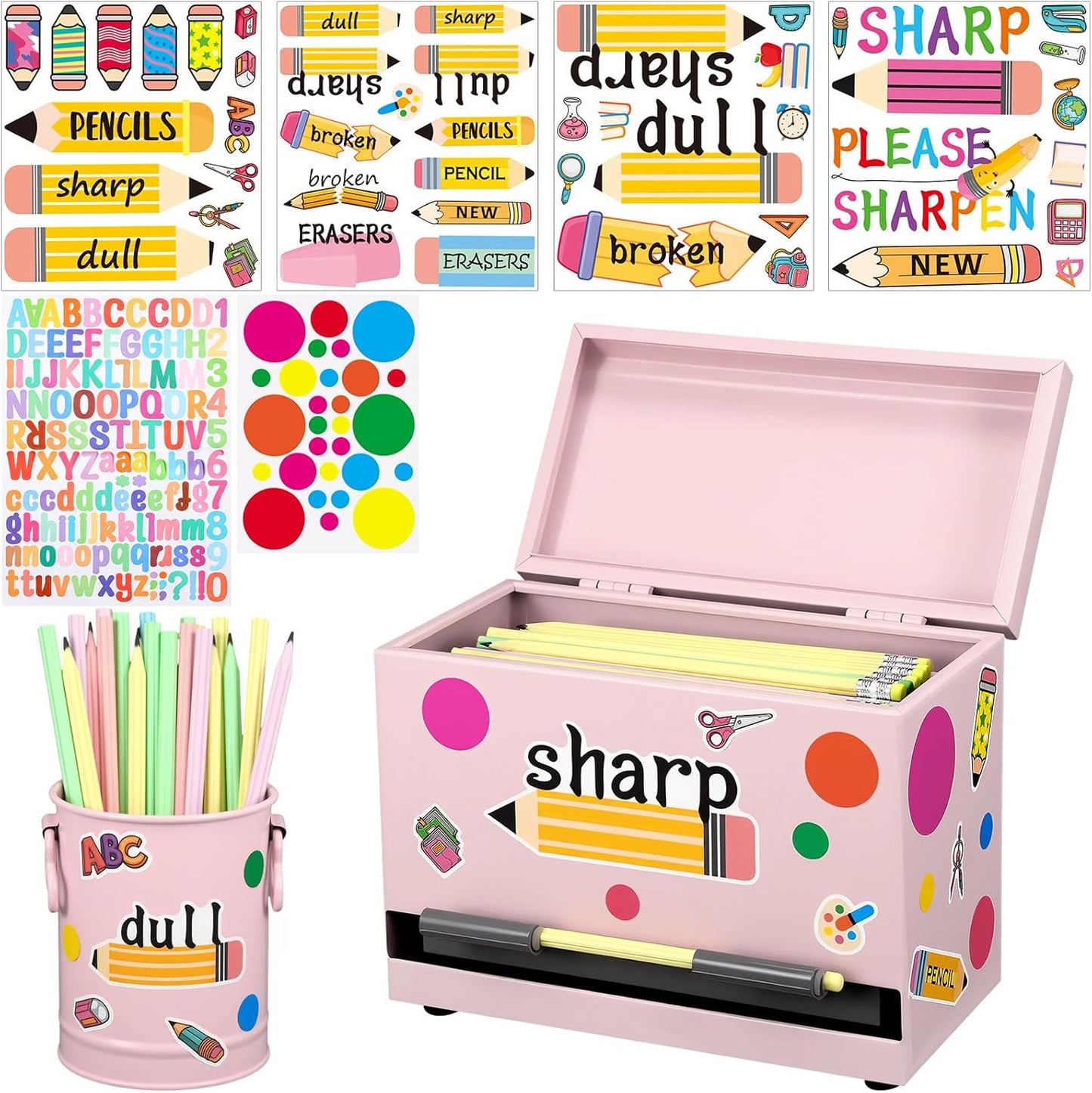 8 Pcs Pencil Dispenser Kit for Classroom Stainless Steel Straw Dispenser for Pencil Metal Pen Holder Organizer Letter Sticker for Desk Back to School Classroom Teacher Supplies(Yellow)