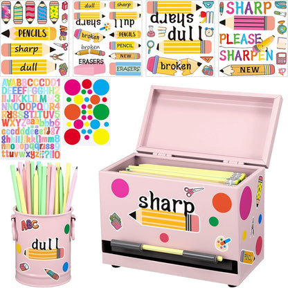 8 Pcs Pencil Dispenser Kit for Classroom Stainless Steel Straw Dispenser for Pencil Metal Pen Holder Organizer Letter Sticker for Desk Back to School Classroom Teacher Supplies(Yellow)