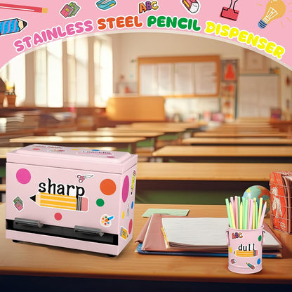 8 Pcs Pencil Dispenser Kit for Classroom Stainless Steel Straw Dispenser for Pencil Metal Pen Holder Organizer Letter Sticker for Desk Back to School Classroom Teacher Supplies(Yellow)