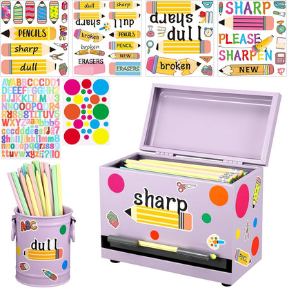 8 Pcs Pencil Dispenser Kit for Classroom Stainless Steel Straw Dispenser for Pencil Metal Pen Holder Organizer Letter Sticker for Desk Back to School Classroom Teacher Supplies(Yellow)