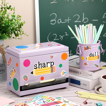 8 Pcs Pencil Dispenser Kit for Classroom Stainless Steel Straw Dispenser for Pencil Metal Pen Holder Organizer Letter Sticker for Desk Back to School Classroom Teacher Supplies(Yellow)