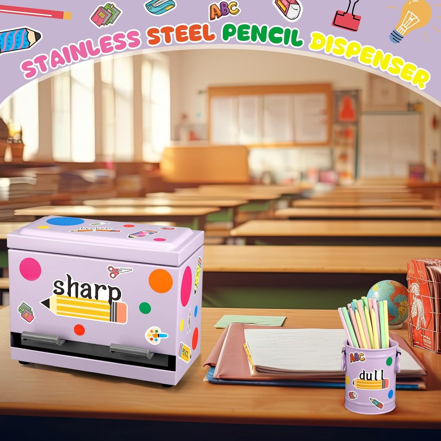 8 Pcs Pencil Dispenser Kit for Classroom Stainless Steel Straw Dispenser for Pencil Metal Pen Holder Organizer Letter Sticker for Desk Back to School Classroom Teacher Supplies(Yellow)