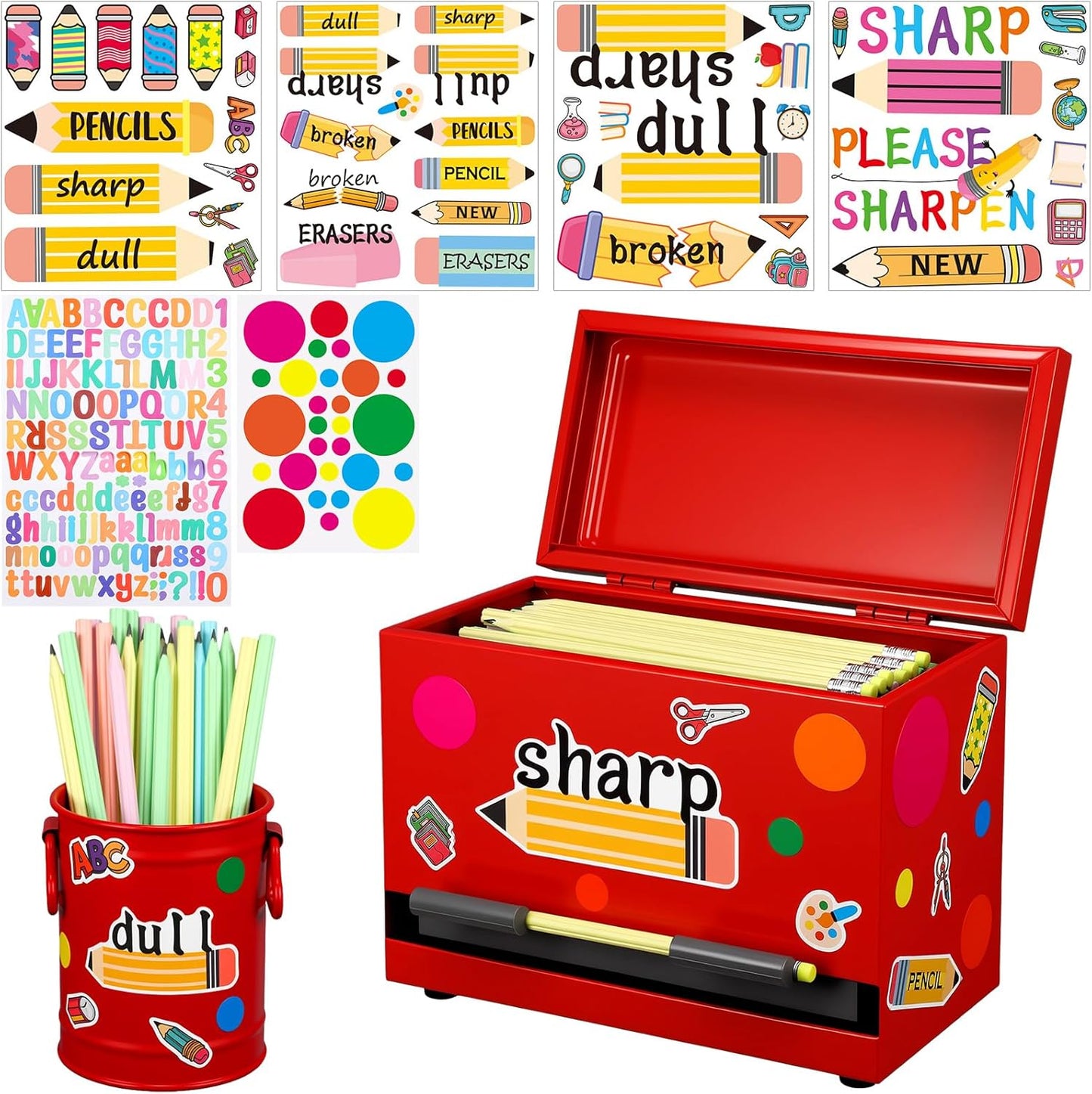 8 Pcs Pencil Dispenser Kit for Classroom Stainless Steel Straw Dispenser for Pencil Metal Pen Holder Organizer Letter Sticker for Desk Back to School Classroom Teacher Supplies(Yellow)