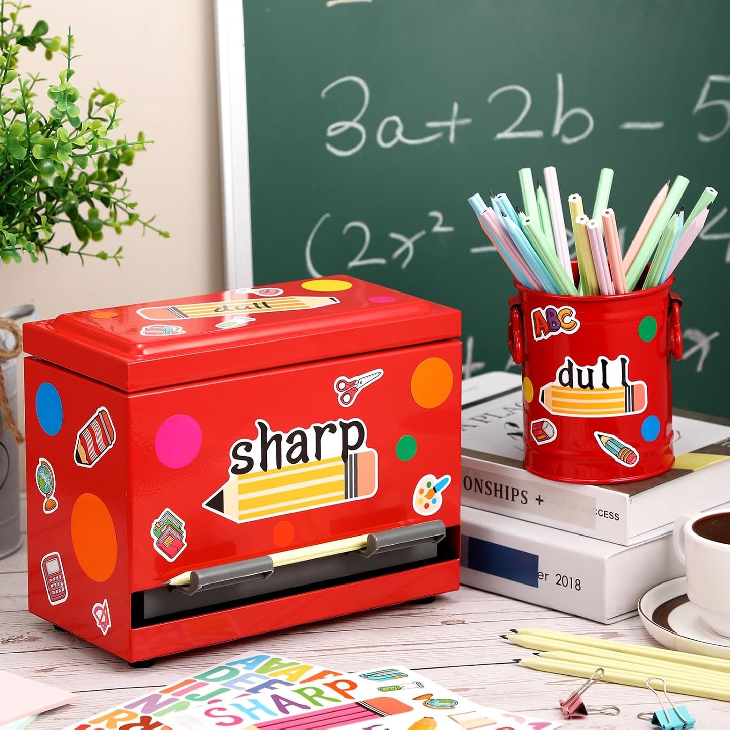 8 Pcs Pencil Dispenser Kit for Classroom Stainless Steel Straw Dispenser for Pencil Metal Pen Holder Organizer Letter Sticker for Desk Back to School Classroom Teacher Supplies(Yellow)