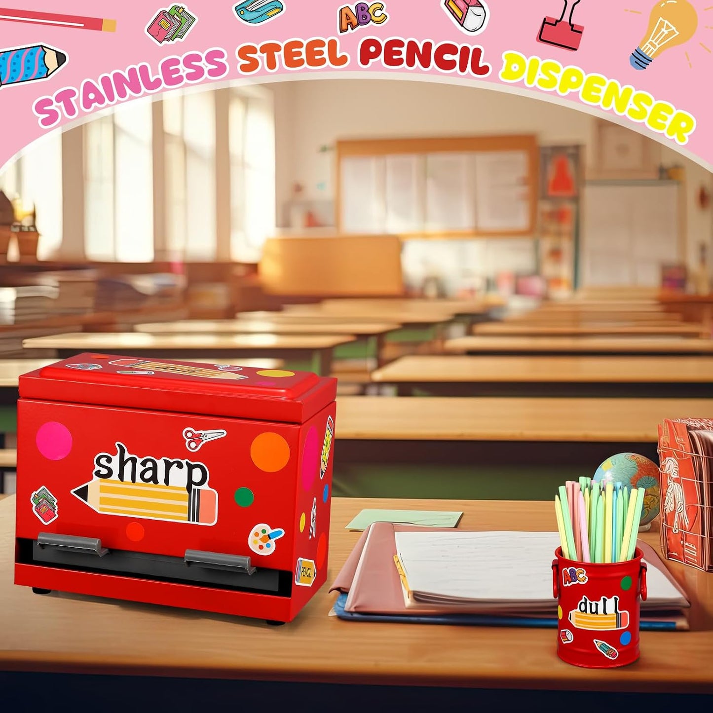 8 Pcs Pencil Dispenser Kit for Classroom Stainless Steel Straw Dispenser for Pencil Metal Pen Holder Organizer Letter Sticker for Desk Back to School Classroom Teacher Supplies(Yellow)