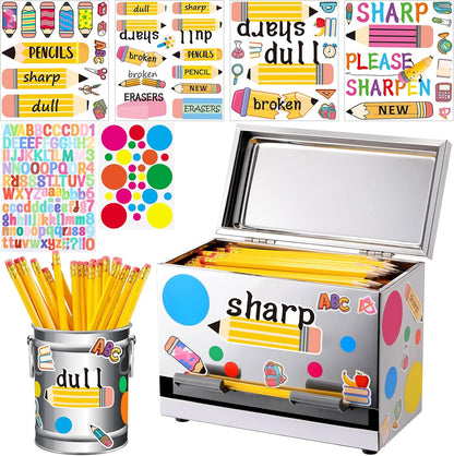 8 Pcs Pencil Dispenser Kit for Classroom Stainless Steel Straw Dispenser for Pencil Metal Pen Holder Organizer Letter Sticker for Desk Back to School Classroom Teacher Supplies(Yellow)