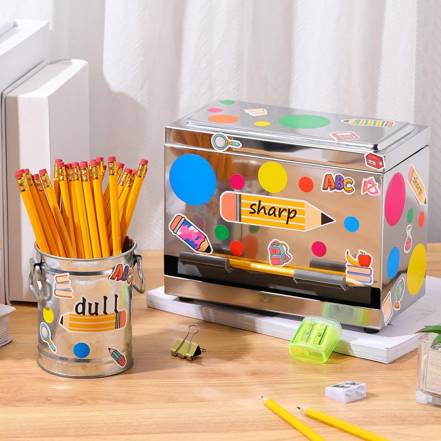 8 Pcs Pencil Dispenser Kit for Classroom Stainless Steel Straw Dispenser for Pencil Metal Pen Holder Organizer Letter Sticker for Desk Back to School Classroom Teacher Supplies(Yellow)