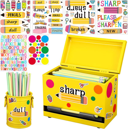 8 Pcs Pencil Dispenser Kit for Classroom Stainless Steel Straw Dispenser for Pencil Metal Pen Holder Organizer Letter Sticker for Desk Back to School Classroom Teacher Supplies(Yellow)