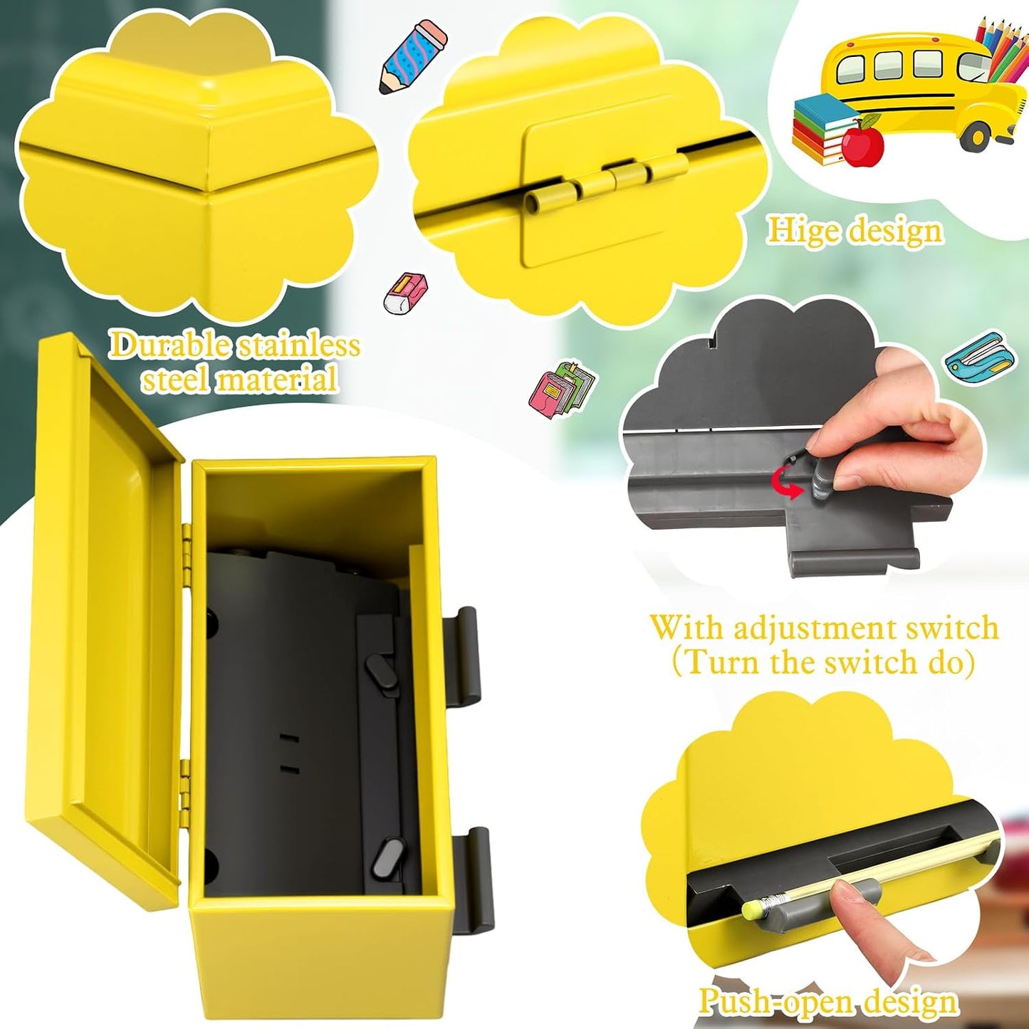 8 Pcs Pencil Dispenser Kit for Classroom Stainless Steel Straw Dispenser for Pencil Metal Pen Holder Organizer Letter Sticker for Desk Back to School Classroom Teacher Supplies(Yellow)