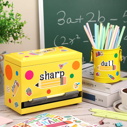 8 Pcs Pencil Dispenser Kit for Classroom Stainless Steel Straw Dispenser for Pencil Metal Pen Holder Organizer Letter Sticker for Desk Back to School Classroom Teacher Supplies(Yellow)