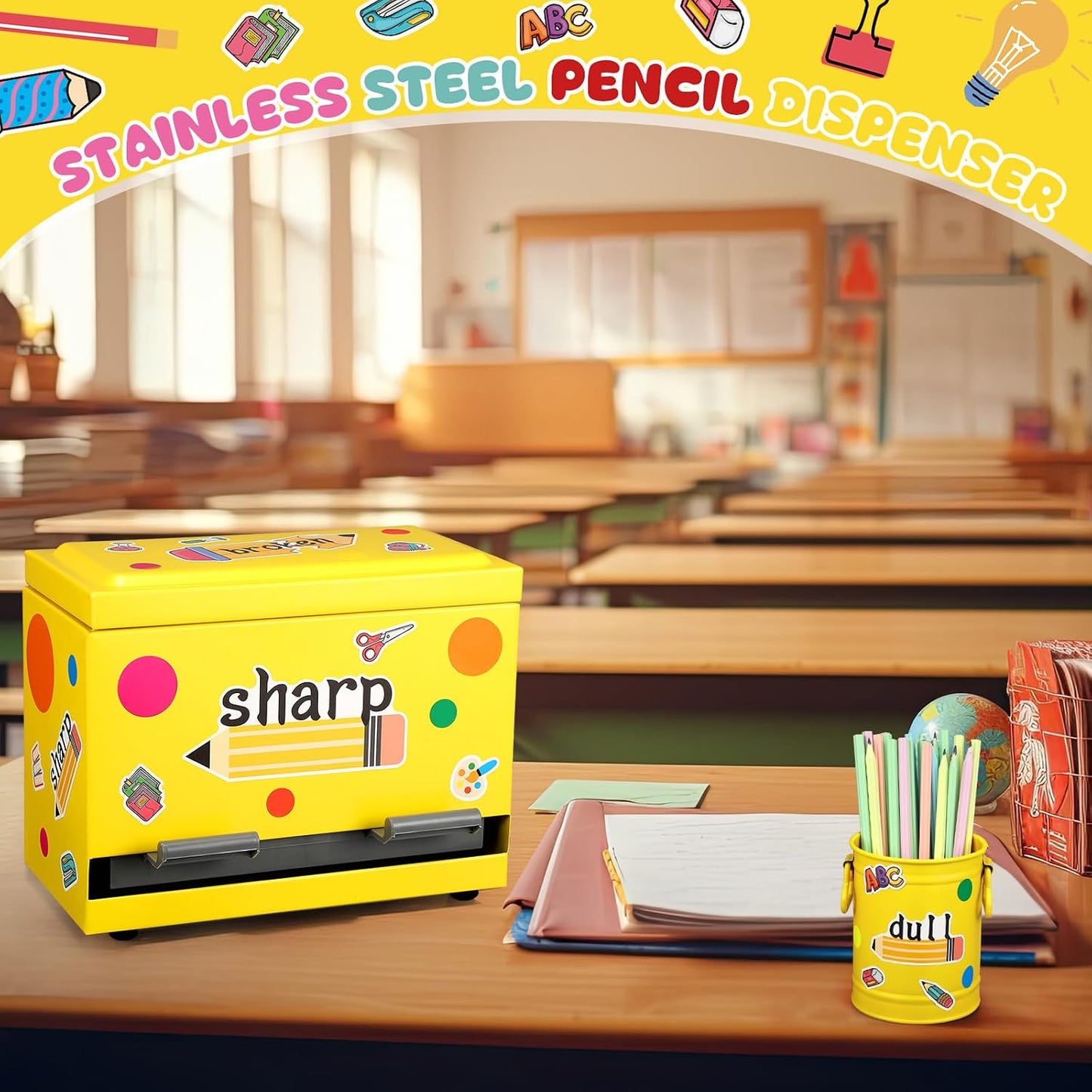 8 Pcs Pencil Dispenser Kit for Classroom Stainless Steel Straw Dispenser for Pencil Metal Pen Holder Organizer Letter Sticker for Desk Back to School Classroom Teacher Supplies(Yellow)