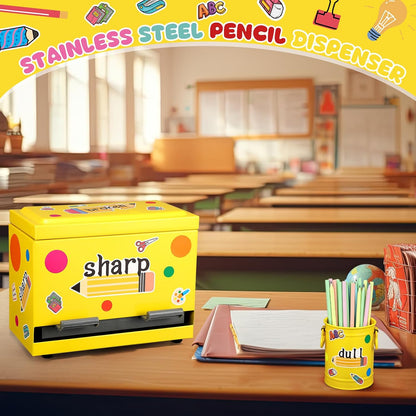 8 Pcs Pencil Dispenser Kit for Classroom Stainless Steel Straw Dispenser for Pencil Metal Pen Holder Organizer Letter Sticker for Desk Back to School Classroom Teacher Supplies(Yellow)