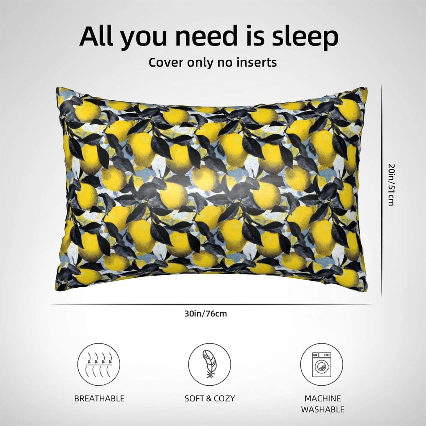 Yellow Lemon Black Leaves Print Satin Pillowcase for Hair and Skin, 20x30 Inches Pillow Cases, Queen Size Pillowcases with Zipper, Similar to Silk Pillow Covers