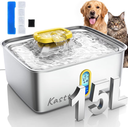 15L/4 Gal Stainless Steel Dog Water Fountain Large Capacity,FS78 | Dog Water Bowl Dispenser with Visual Window & LED Light 5-Stage Filtration ,Ultra Quiet Pet Water Fountain Easy Clean,Yellow