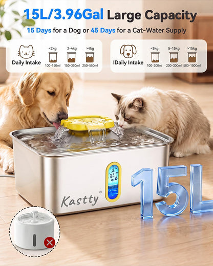 15L/4 Gal Stainless Steel Dog Water Fountain Large Capacity,FS78 | Dog Water Bowl Dispenser with Visual Window & LED Light 5-Stage Filtration ,Ultra Quiet Pet Water Fountain Easy Clean,Yellow