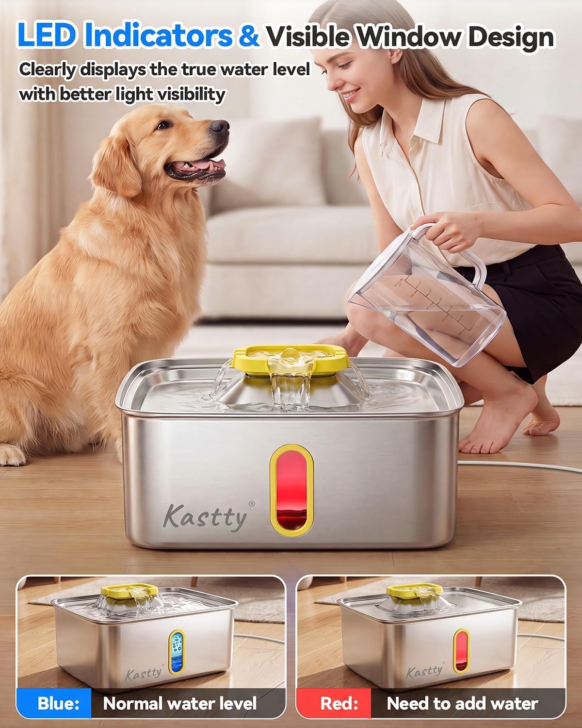 15L/4 Gal Stainless Steel Dog Water Fountain Large Capacity,FS78 | Dog Water Bowl Dispenser with Visual Window & LED Light 5-Stage Filtration ,Ultra Quiet Pet Water Fountain Easy Clean,Yellow