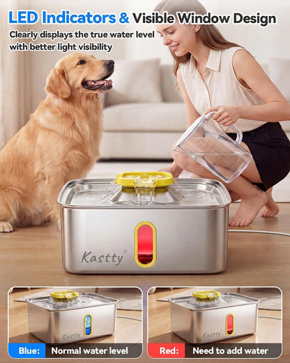 15L/4 Gal Stainless Steel Dog Water Fountain Large Capacity,FS78 | Dog Water Bowl Dispenser with Visual Window & LED Light 5-Stage Filtration ,Ultra Quiet Pet Water Fountain Easy Clean,Yellow