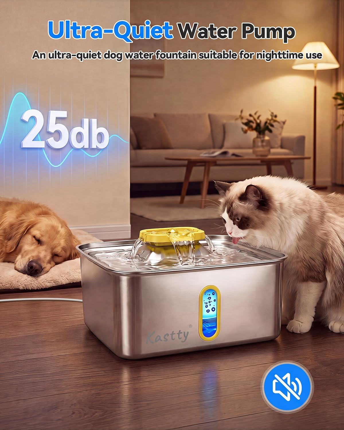 15L/4 Gal Stainless Steel Dog Water Fountain Large Capacity,FS78 | Dog Water Bowl Dispenser with Visual Window & LED Light 5-Stage Filtration ,Ultra Quiet Pet Water Fountain Easy Clean,Yellow