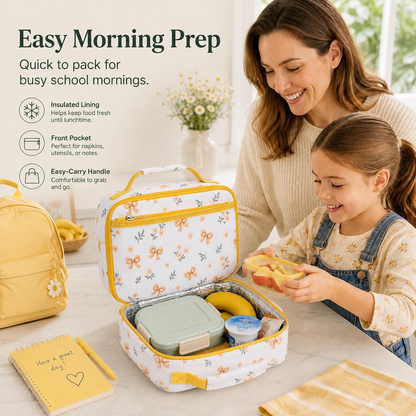 Kids Lunch Box - Insulated Reusable Lunch Box for Girls, Small Lightweight Water Resistant Snack Cooler Tote for Preschool, Kindergarten, School, Picnic and Hiking (Yellow Flower)