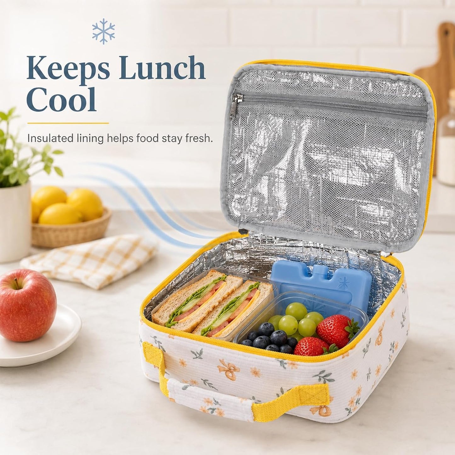 Kids Lunch Box - Insulated Reusable Lunch Box for Girls, Small Lightweight Water Resistant Snack Cooler Tote for Preschool, Kindergarten, School, Picnic and Hiking (Yellow Flower)