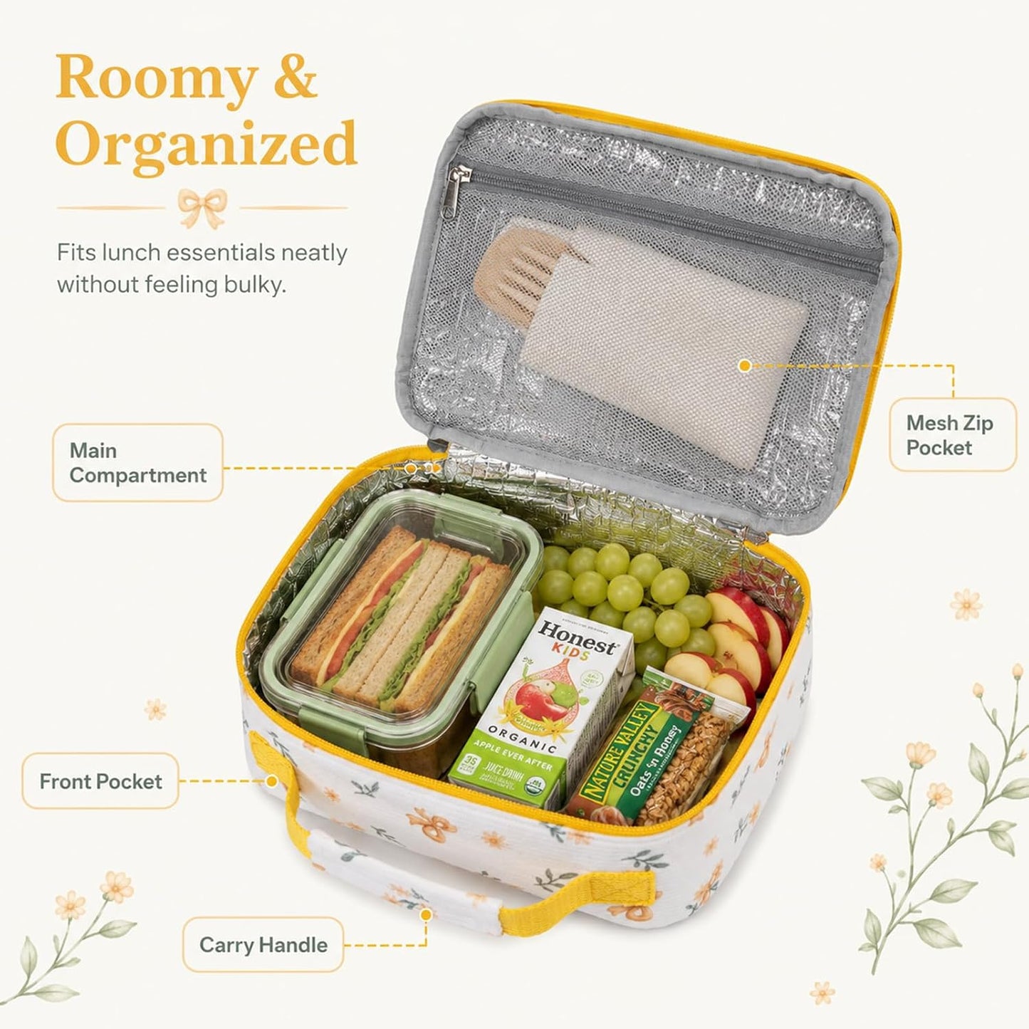 Kids Lunch Box - Insulated Reusable Lunch Box for Girls, Small Lightweight Water Resistant Snack Cooler Tote for Preschool, Kindergarten, School, Picnic and Hiking (Yellow Flower)