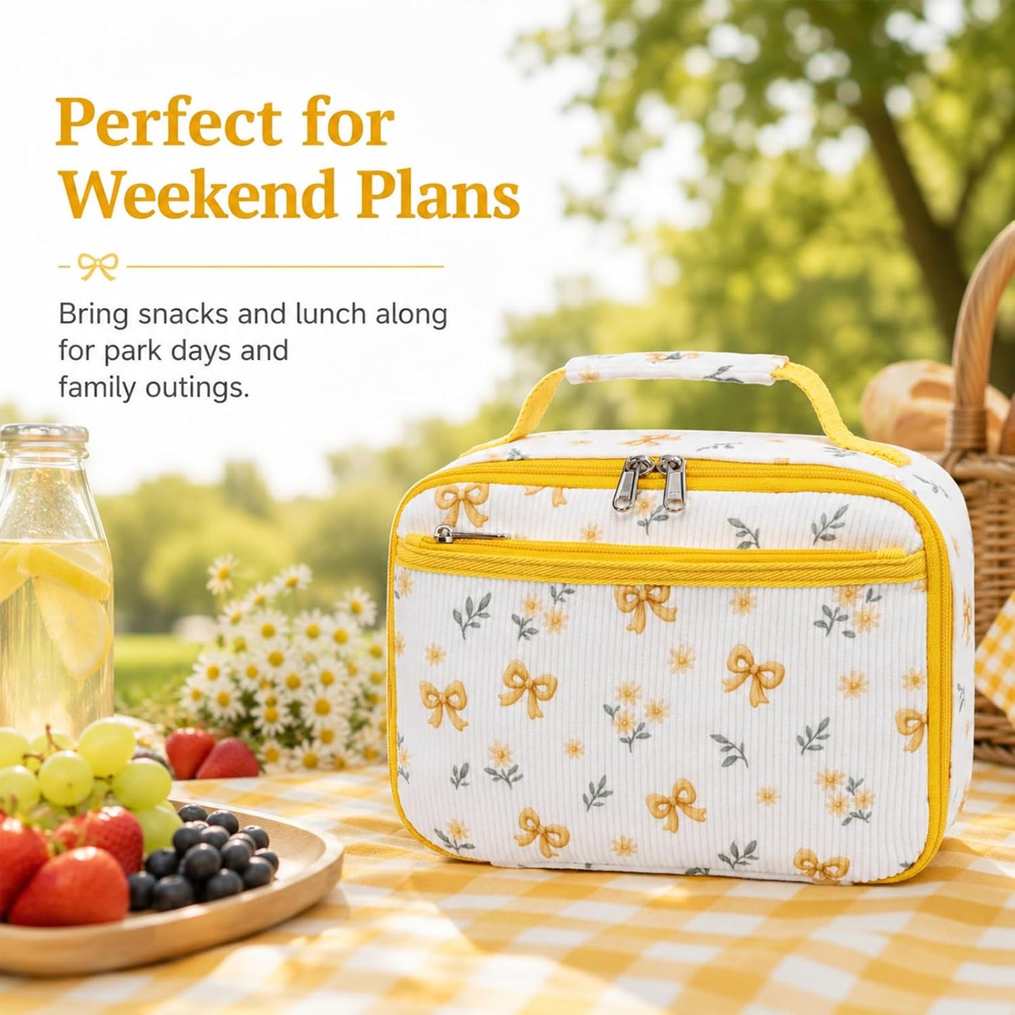 Kids Lunch Box - Insulated Reusable Lunch Box for Girls, Small Lightweight Water Resistant Snack Cooler Tote for Preschool, Kindergarten, School, Picnic and Hiking (Yellow Flower)
