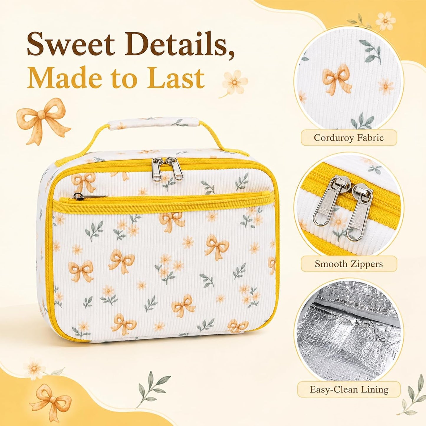 Kids Lunch Box - Insulated Reusable Lunch Box for Girls, Small Lightweight Water Resistant Snack Cooler Tote for Preschool, Kindergarten, School, Picnic and Hiking (Yellow Flower)